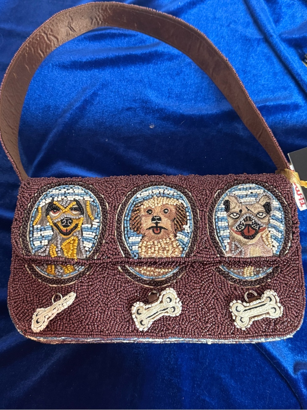 Viral Beaded 3 Dog Motif Shoulder Bag - Brown